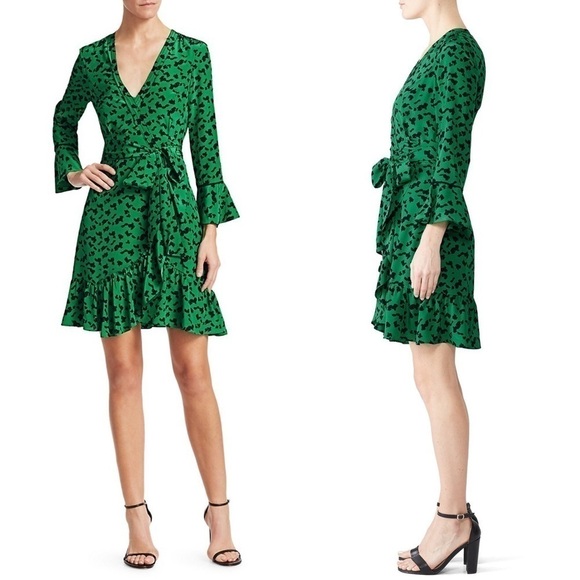 TANYA TAYLOR Wrap Dress Green Silk Leopard Print Ruffle Trim 3/4 Long Sleeves 4 - Picture 2 of 12